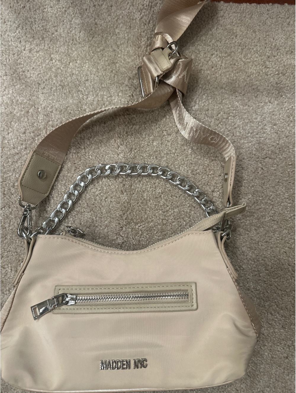 (2)Madden NYC Beige Shoulder Bag with Chain Handle and Adjustable Strap